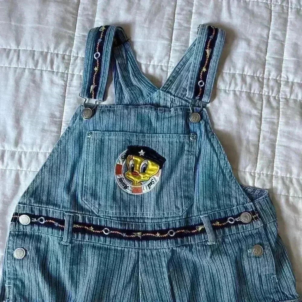 Vintage 90s‎ tweety bird overalls youth size 16 shorts stripes nautical kidcore